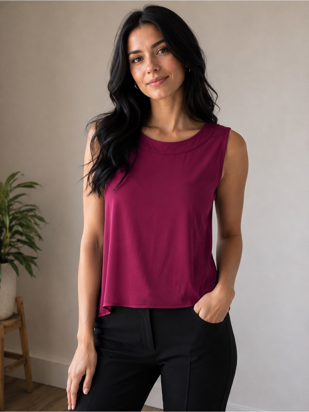 LOFT Sleeveless Crewneck Tank Top in Deep Berry